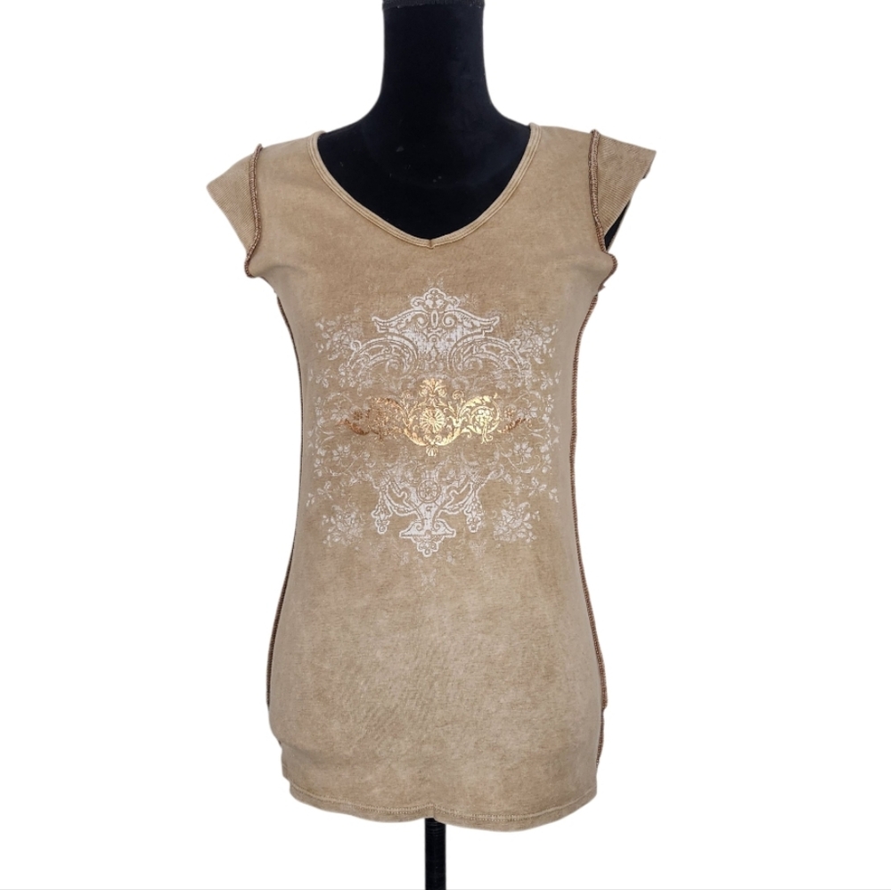 One World Y2K Boho Tan Cotton Gold Foil Graphic Shirt